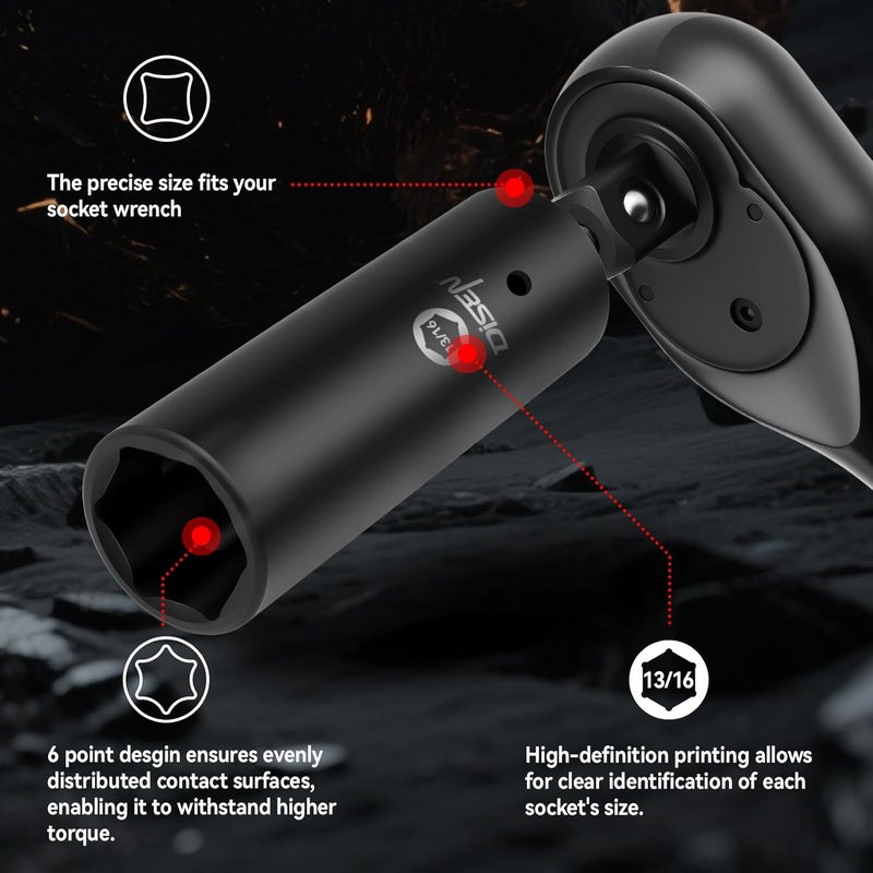 DISEN 8 Pcs 1/2" SAE Impact Socket Set, Deep Sockets 3/8"- 13/16", 6-Point Cr-V & Alloy Steel, 1/2 Inches Drive Impact Socket Set,Rugged Construction, Enhanced Storage Case - Image 4
